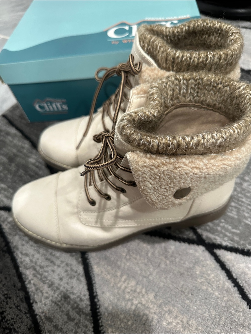 Cliffs by WHITE MOUNTAIN Cream and Brown Fold-Over Lace-Up Booties